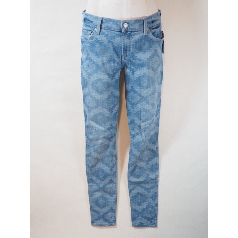 7 For All Mankind Medium Wash Patterned Straight Skinny Blue Denim Jean, Size 30